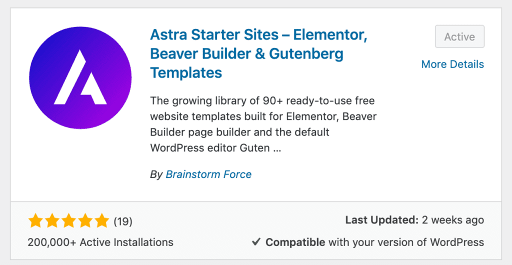 The Astra Starter Sites is a free plugin that adds functionality to the Astra theme. 