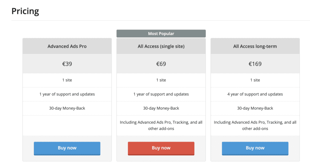 Pricing structure for pro version of Advanced Ads