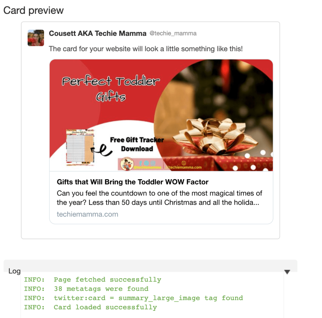 The Twitter card validator shows how a tweet will appear with your link added.