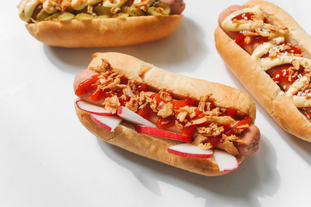 Close up photo of hotdog sandwiches