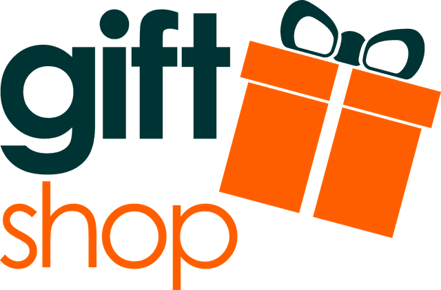 A logo with an orange gift box and words saying “gift shop”.