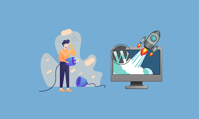 An illustration of a person using an electric plug and a monitor with a WordPress logo and a rocket.